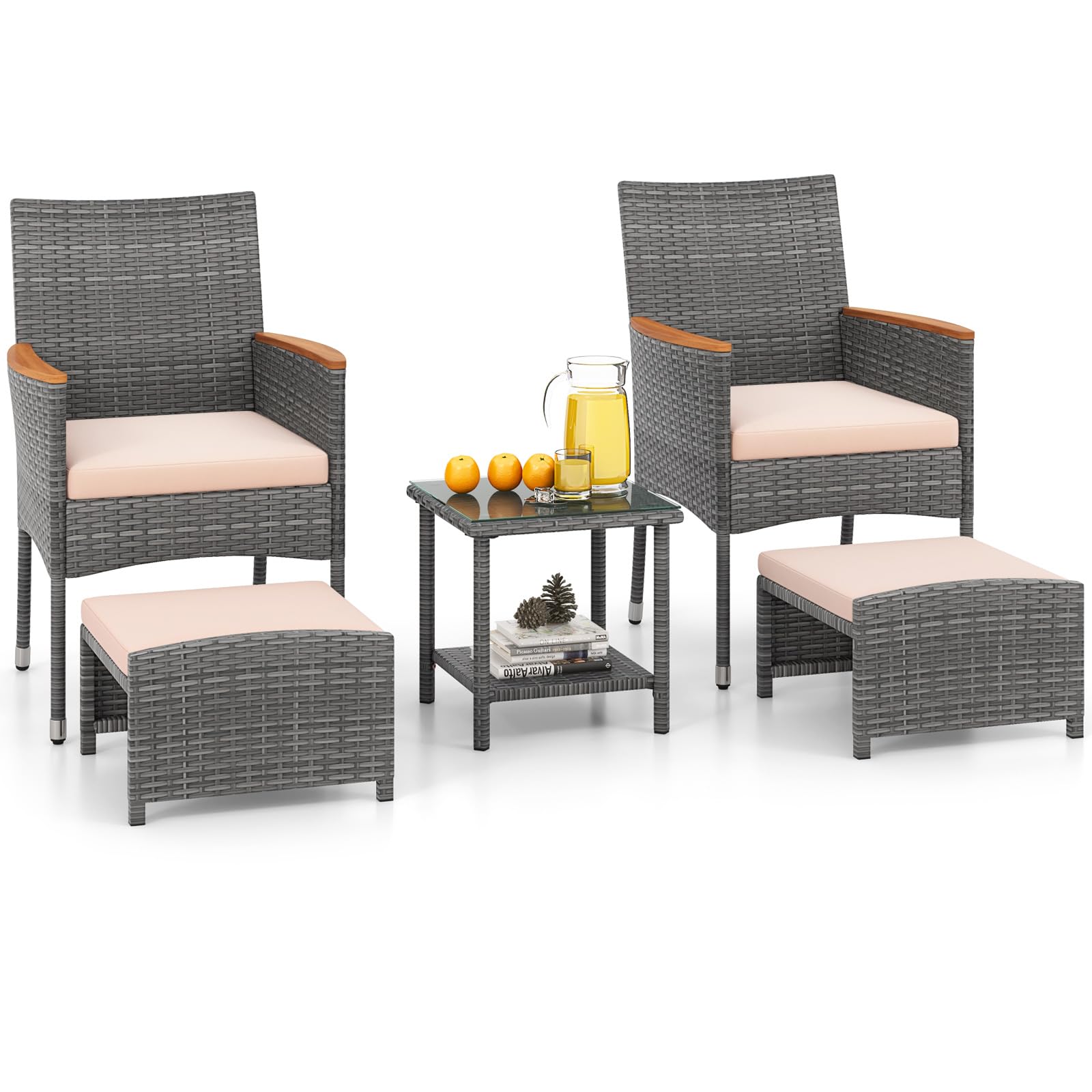 Tangkula Salon de conversation d'extérieur 5 pièces, chaises en rotin PE avec coussins moelleux, poufs et table en verre trempé